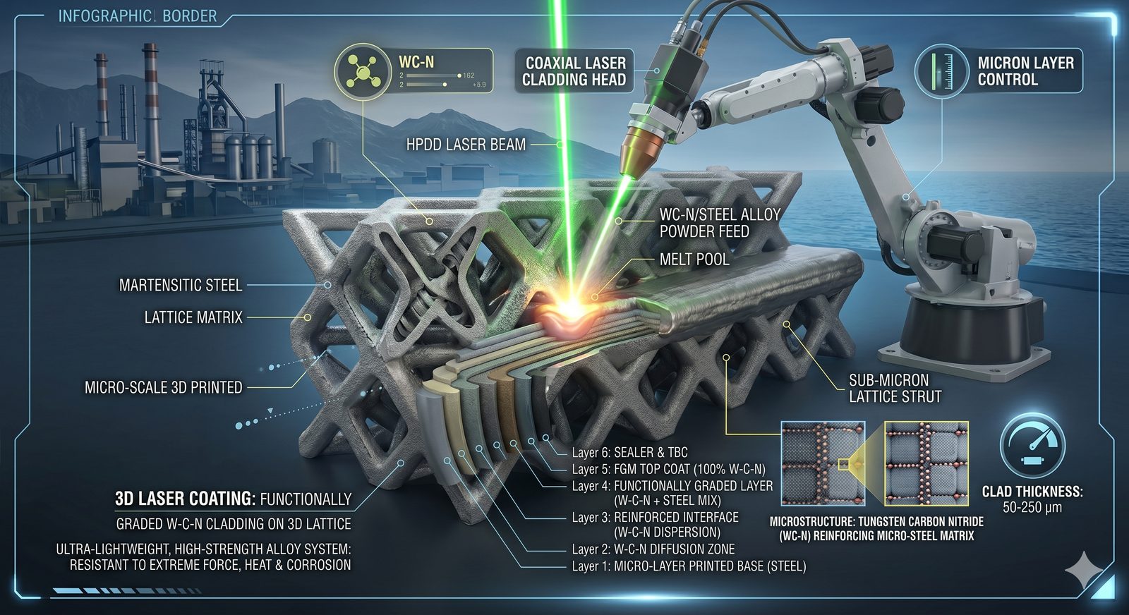 3D laser-clad WC-N alloy lattice